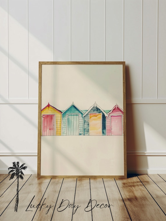Four Beach Huts, Coastal Simple Sketch Art Print