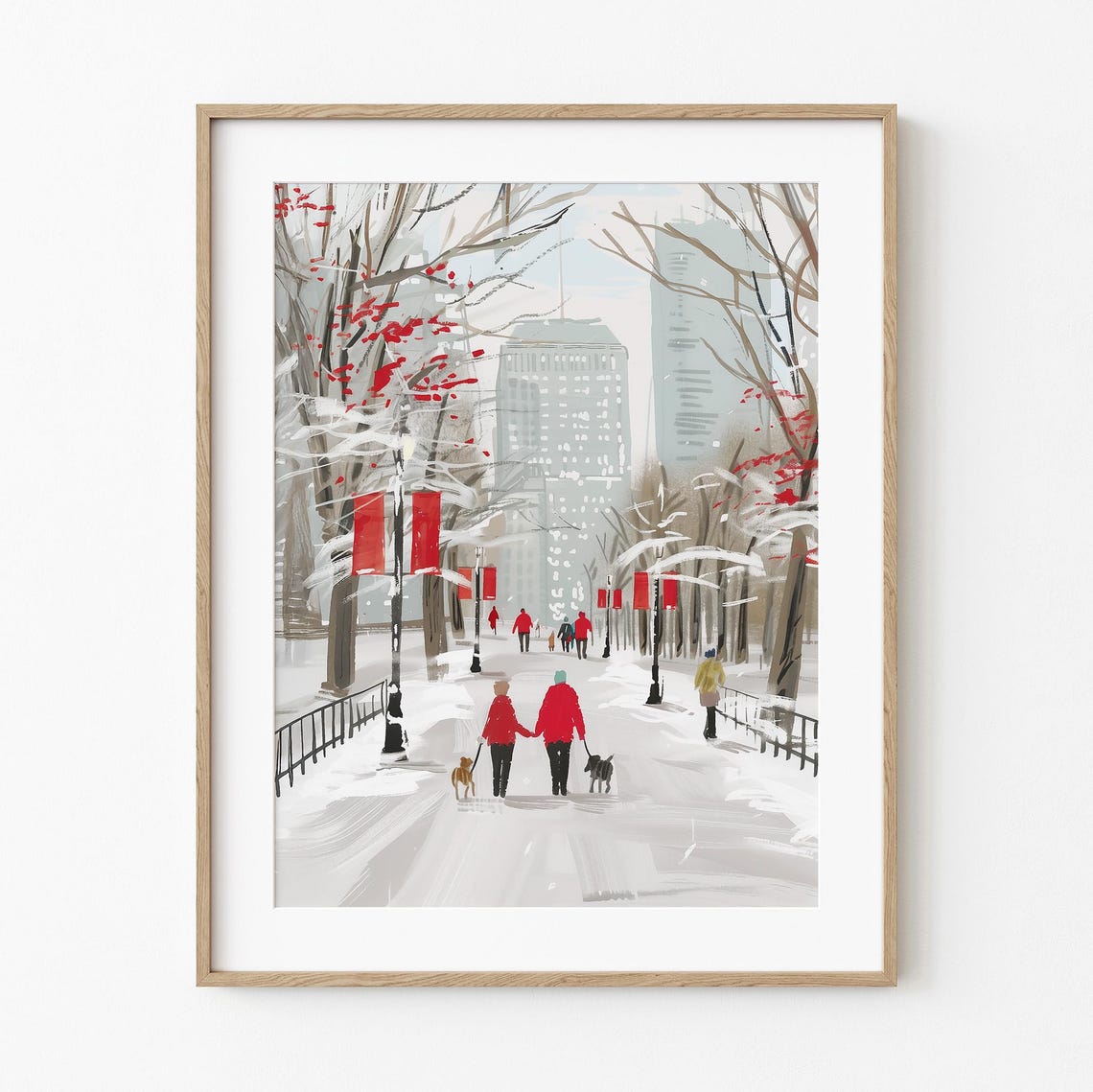 Snowy City Walk Winter Park Strollers Red Coats Painting Art Print