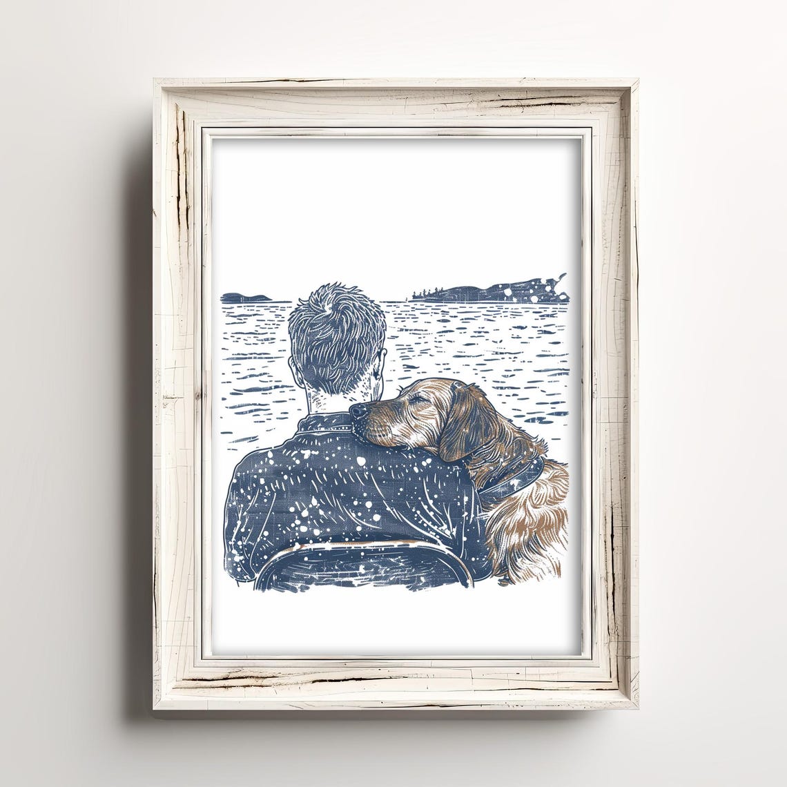 Golden Retriever Owner Lake Sunset Sketch Dog Love Bond Poster