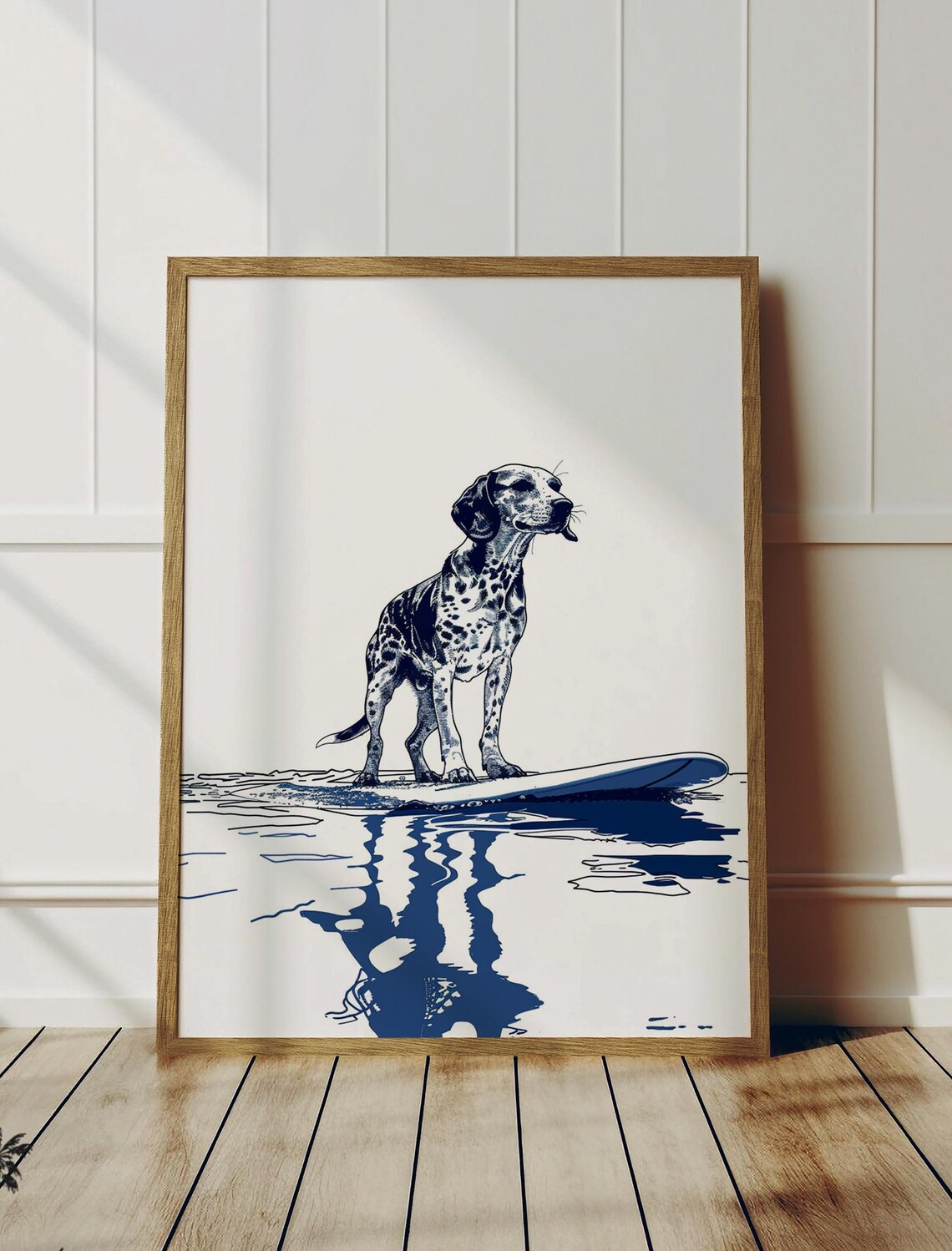 Spotted Surfing Dog On Surfboard Navy Line Art Coastal Beach House Poster