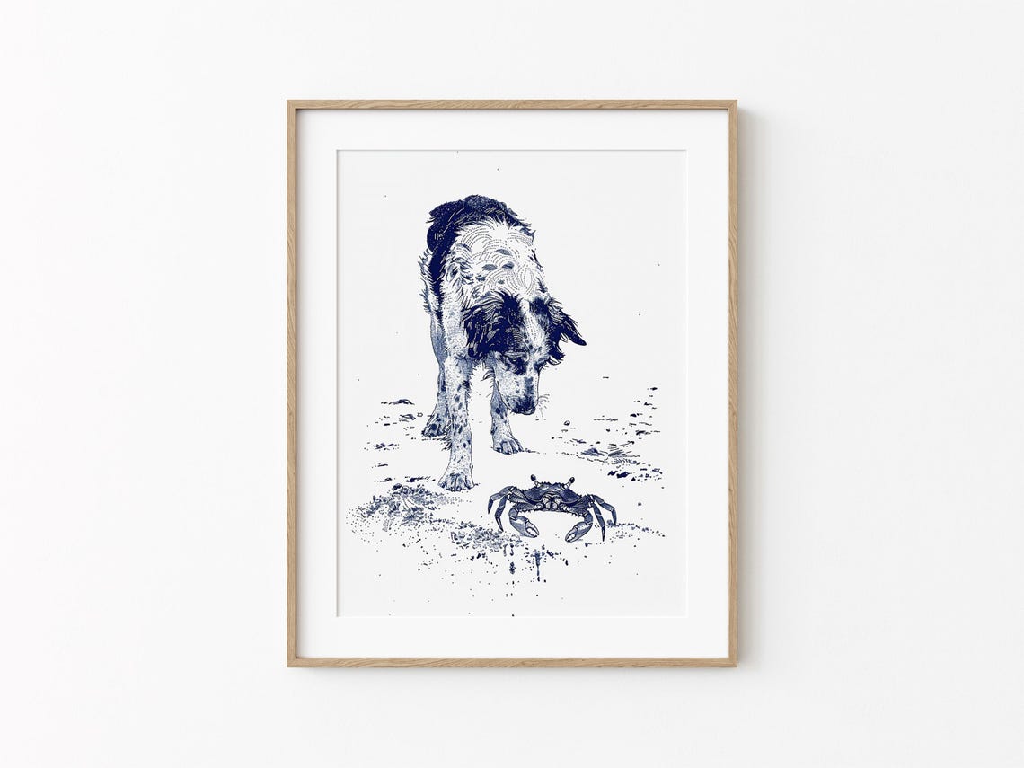 Australian Shepherd Crab Beach Day Navy Sketch Coastal Wall Poster