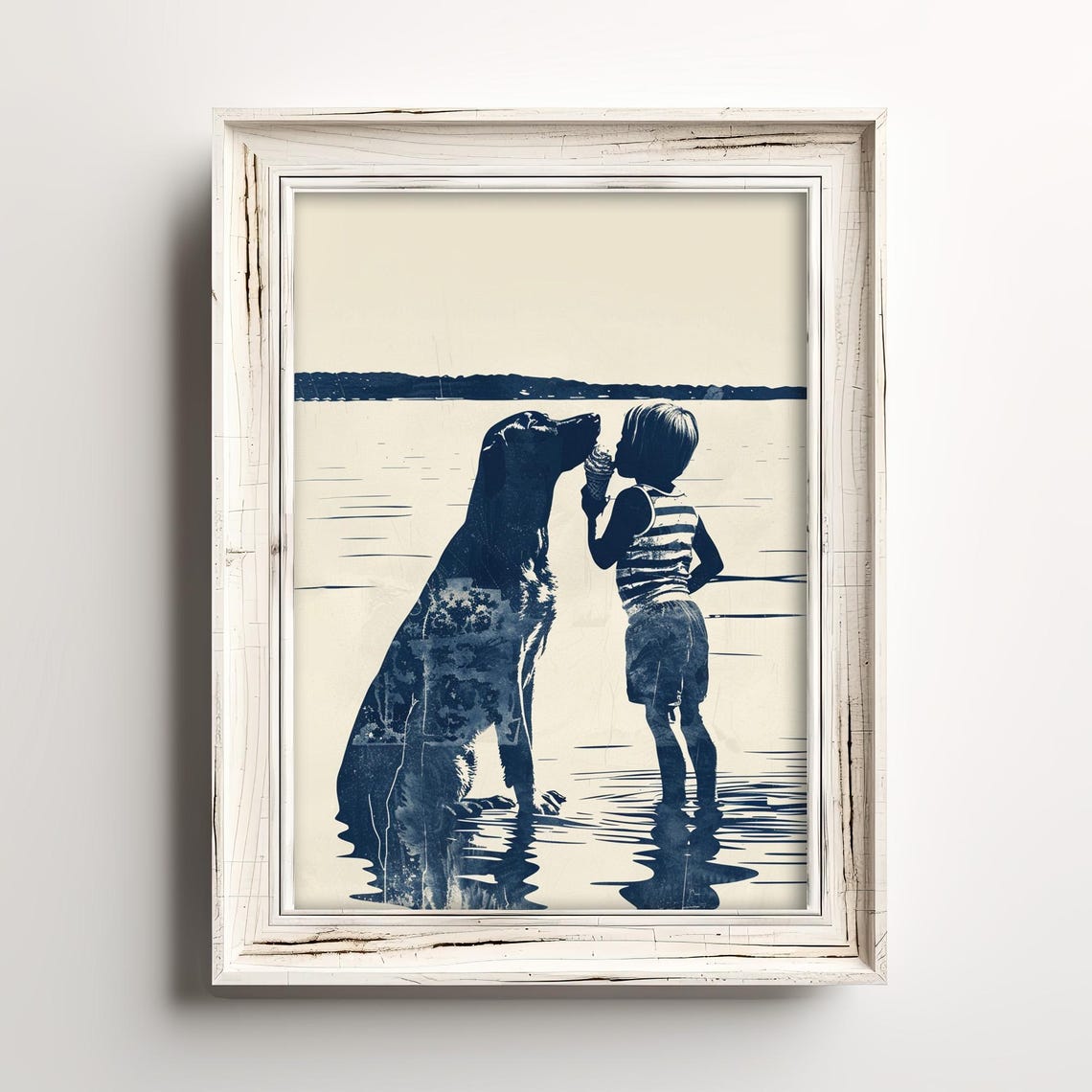Boy Sharing Ice Cream Cone with Big Dog at Lake Navy Wall Art