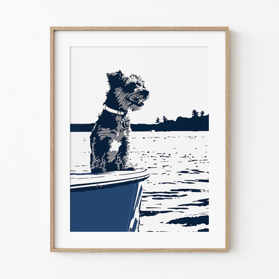 Happy Scruffy Terrier on Boat Bow Navy Blue Coastal Wall Art