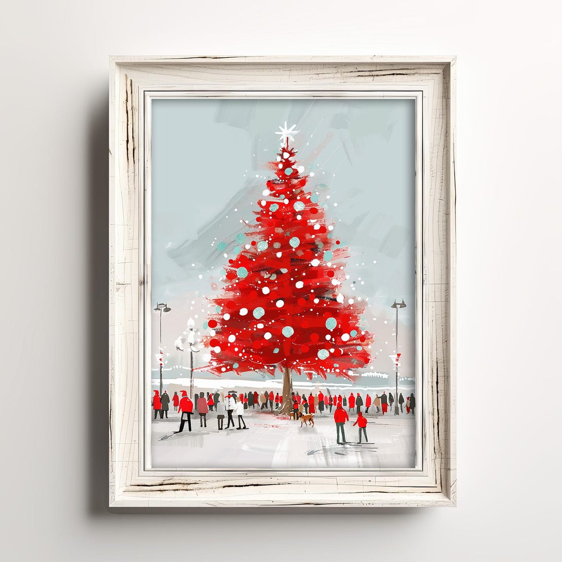 Giant Red Christmas Tree Town Square Crowd Winter Painting Poster