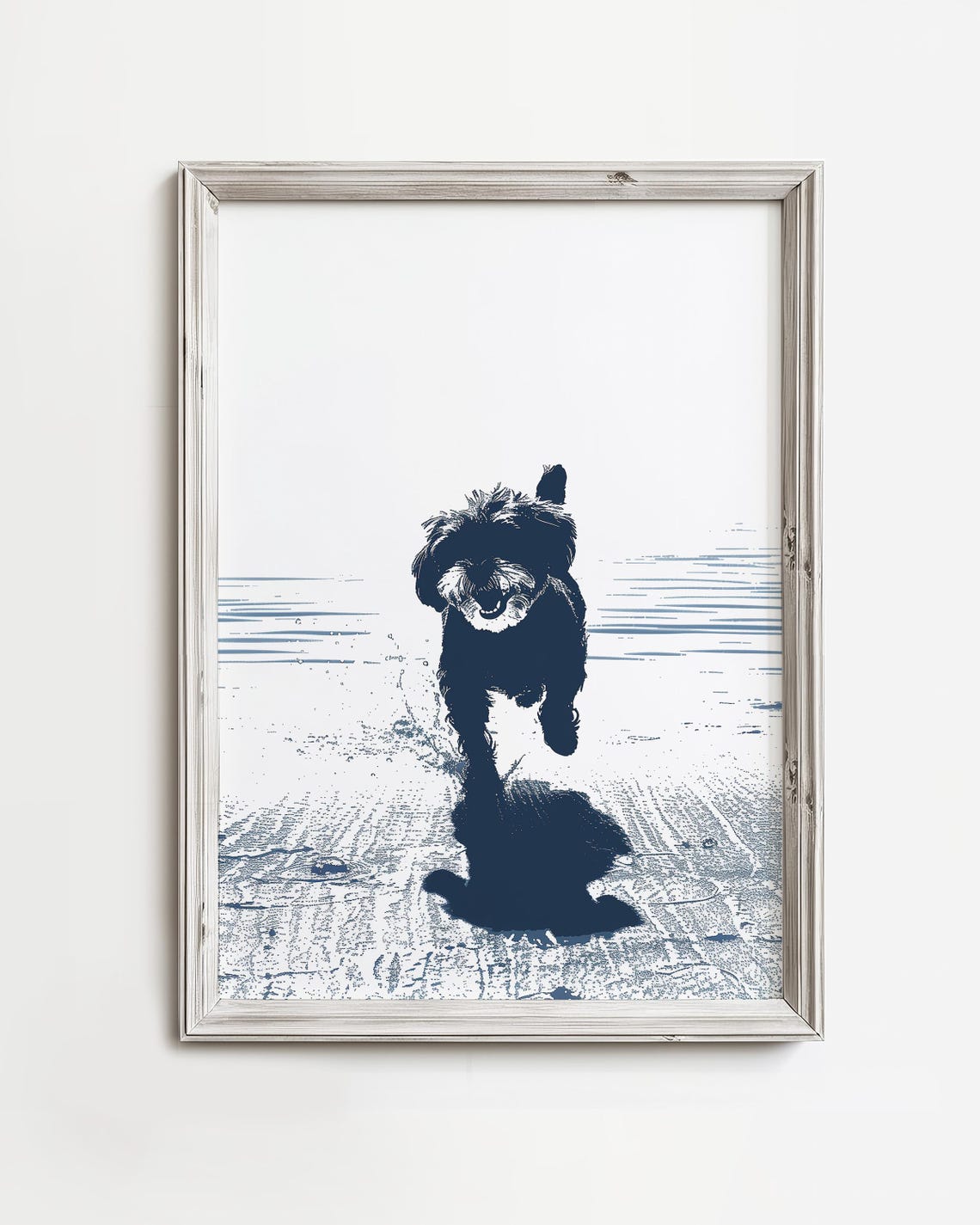 Running Happy Shih Tzu Beach Navy Blue Silhouette Dog Poster