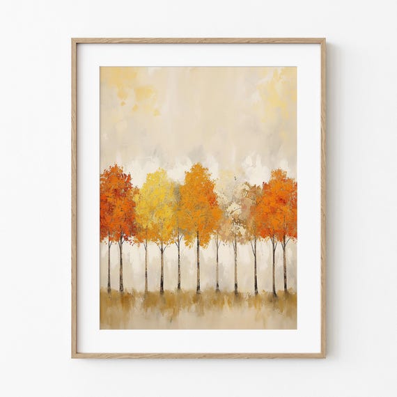 Colorful Autumn Trees Fall Foliage Painting Art Pretty Rustic Season Lover Decor Cozy Warm Tone Wall