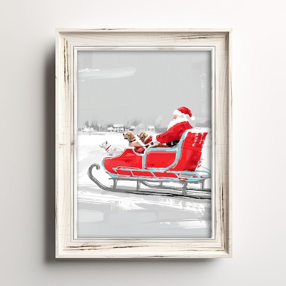 Santa Claus Sleigh Ride Dogs Minimalist Christmas Holiday Poster