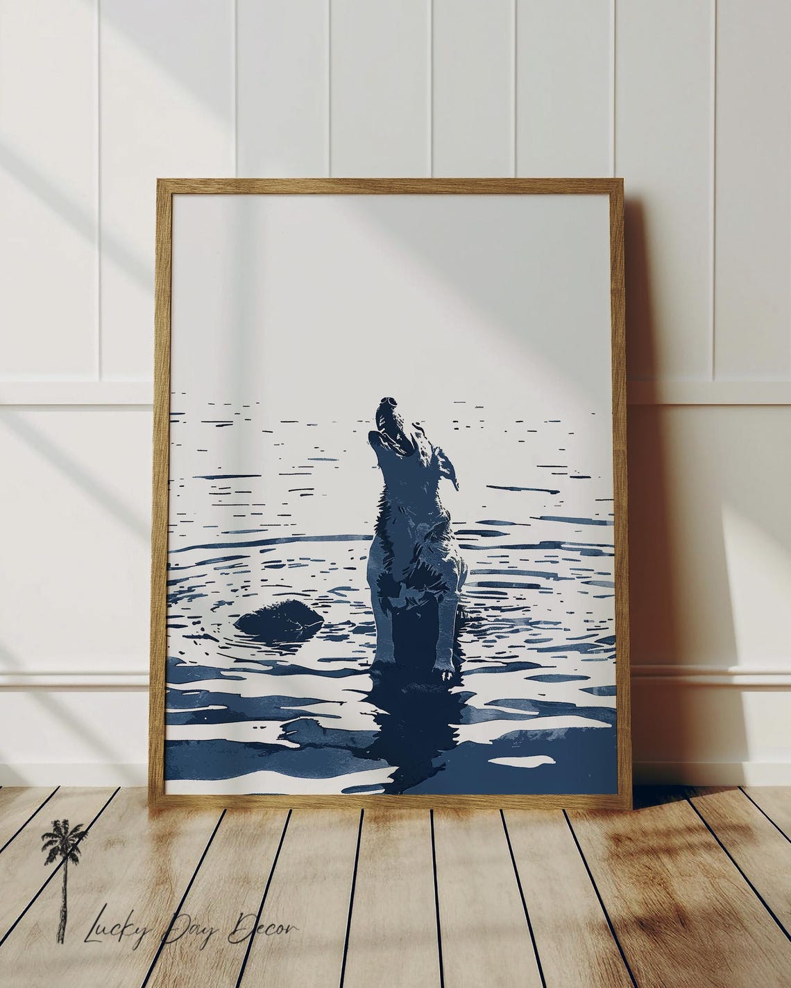 Blue Silhouette Dog In Water Looking Up Minimal Ocean Art Poster