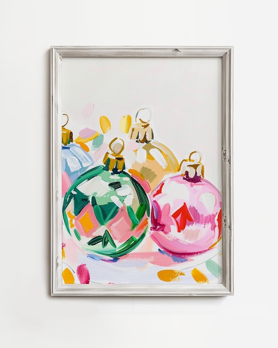 Pastel Christmas Tree Ornaments Colorful Vintage Holiday Art Poster