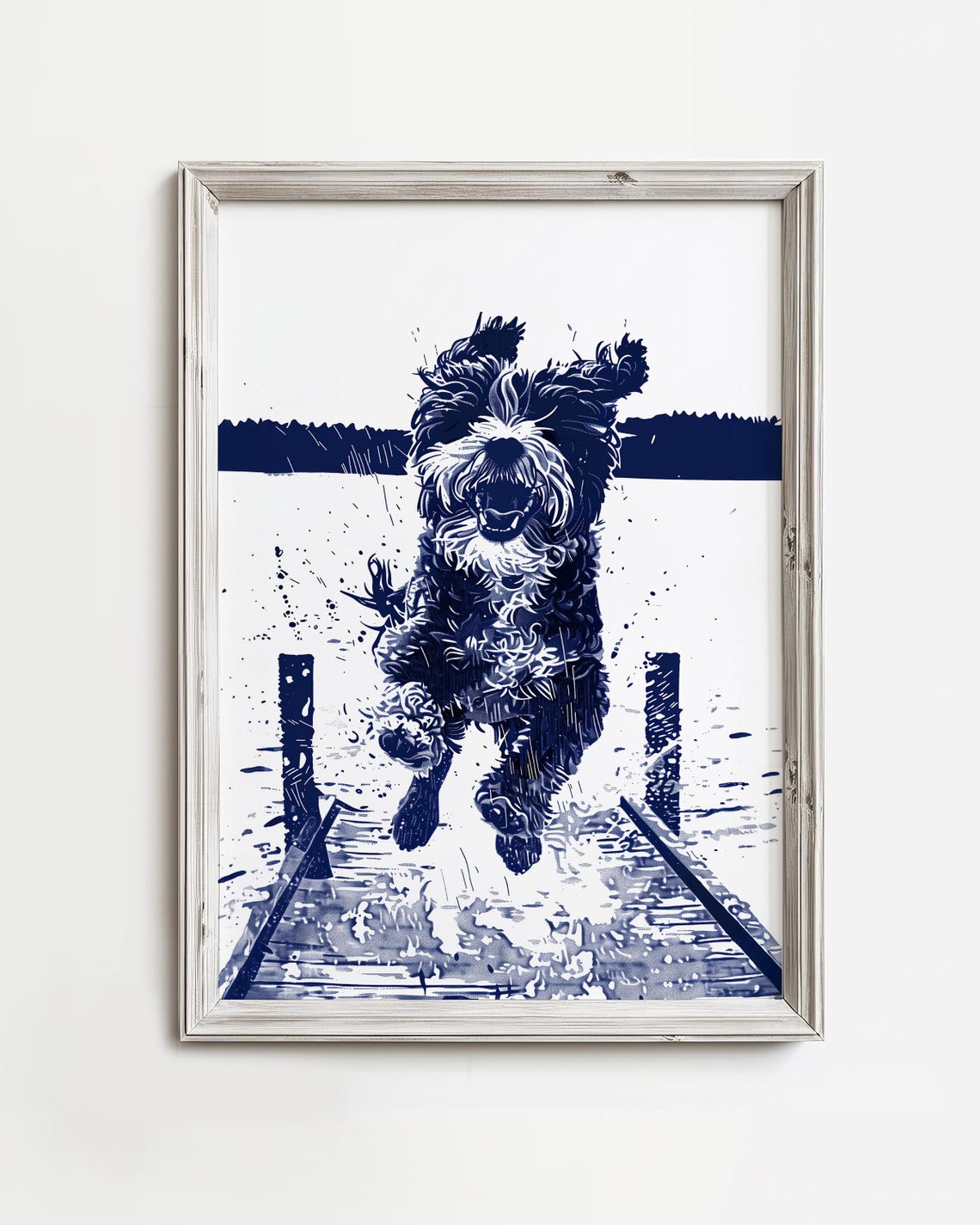 Running Happy Shih Tzu Jumping Dock Lake Navy Blue Dog Poster