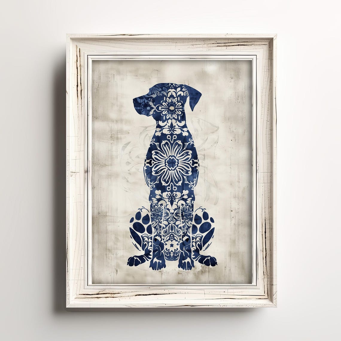Blue and White Floral Dog Silhouette Rustic Farmhouse Poster