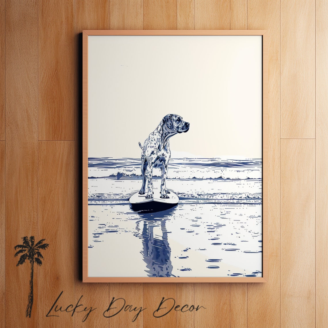 Dalmatian Standing on a Surfboard Beach Day Blue Ink Art Poster