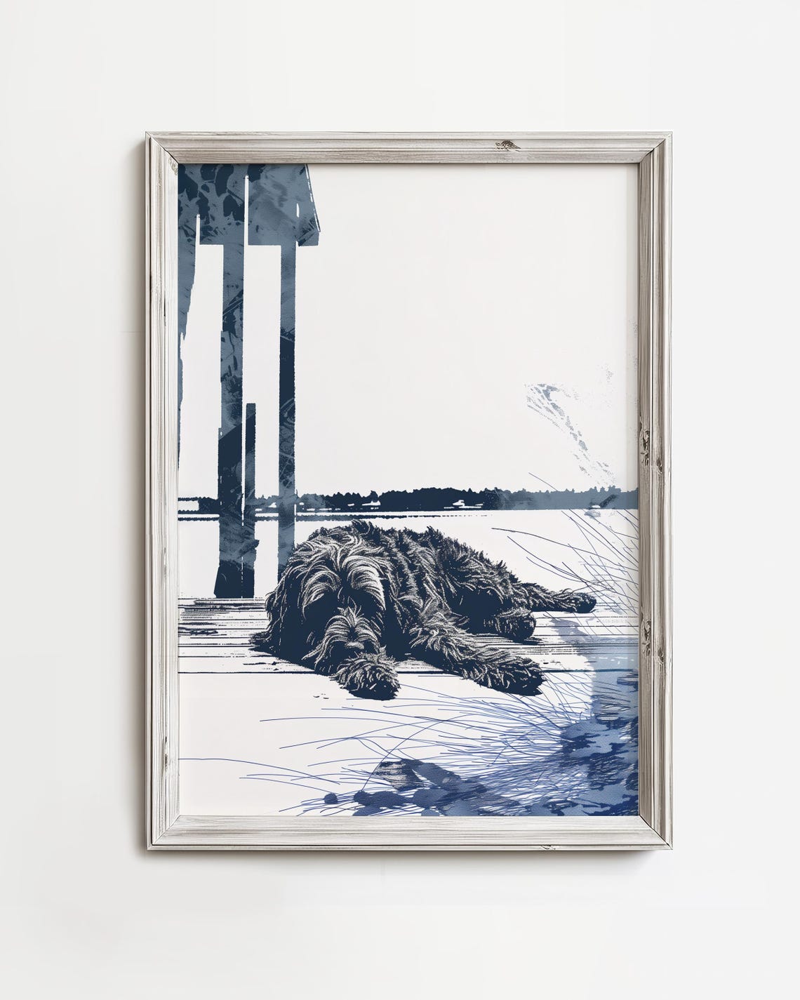 Sleeping Doodle Cottage Dockside Lake Summer Sketch Art Poster