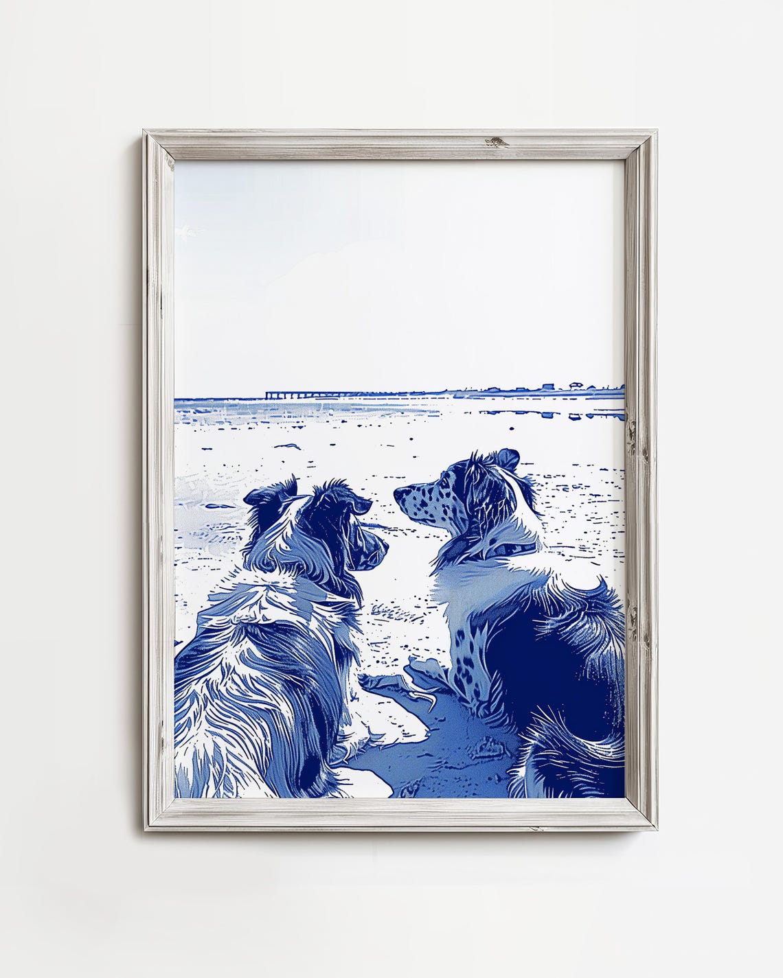 Two Dogs Watching the Ocean from the Beach Blue Ink Art Poster