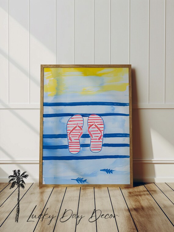Sunny Striped Flip Flops Beach Towel Summer Watercolor Art Poster