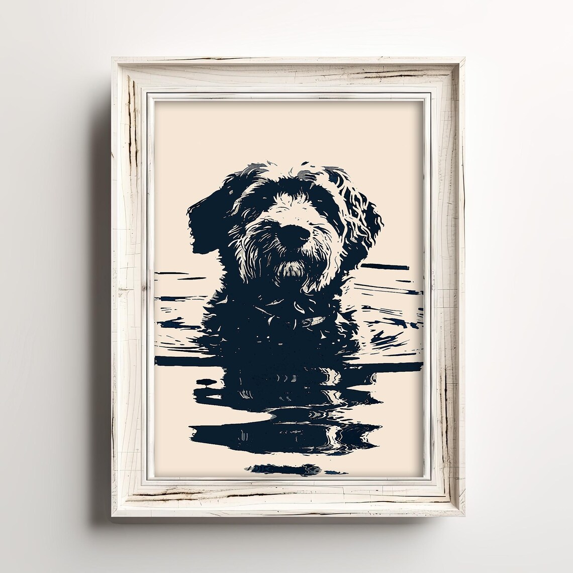 Black Cream Shaggy Dog Swimming Portrait Lake Dog Illustration Poster