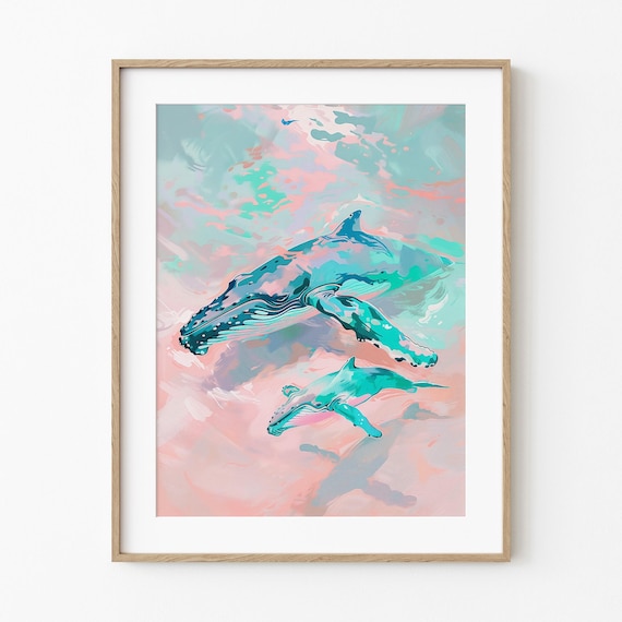 Humpback Whale Mother And Calf Pastel Ocean Coastal Sea Art Poster