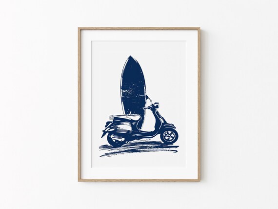 Navy Scooter With Surfboard Vintage Coastal Sketch Beach Poster