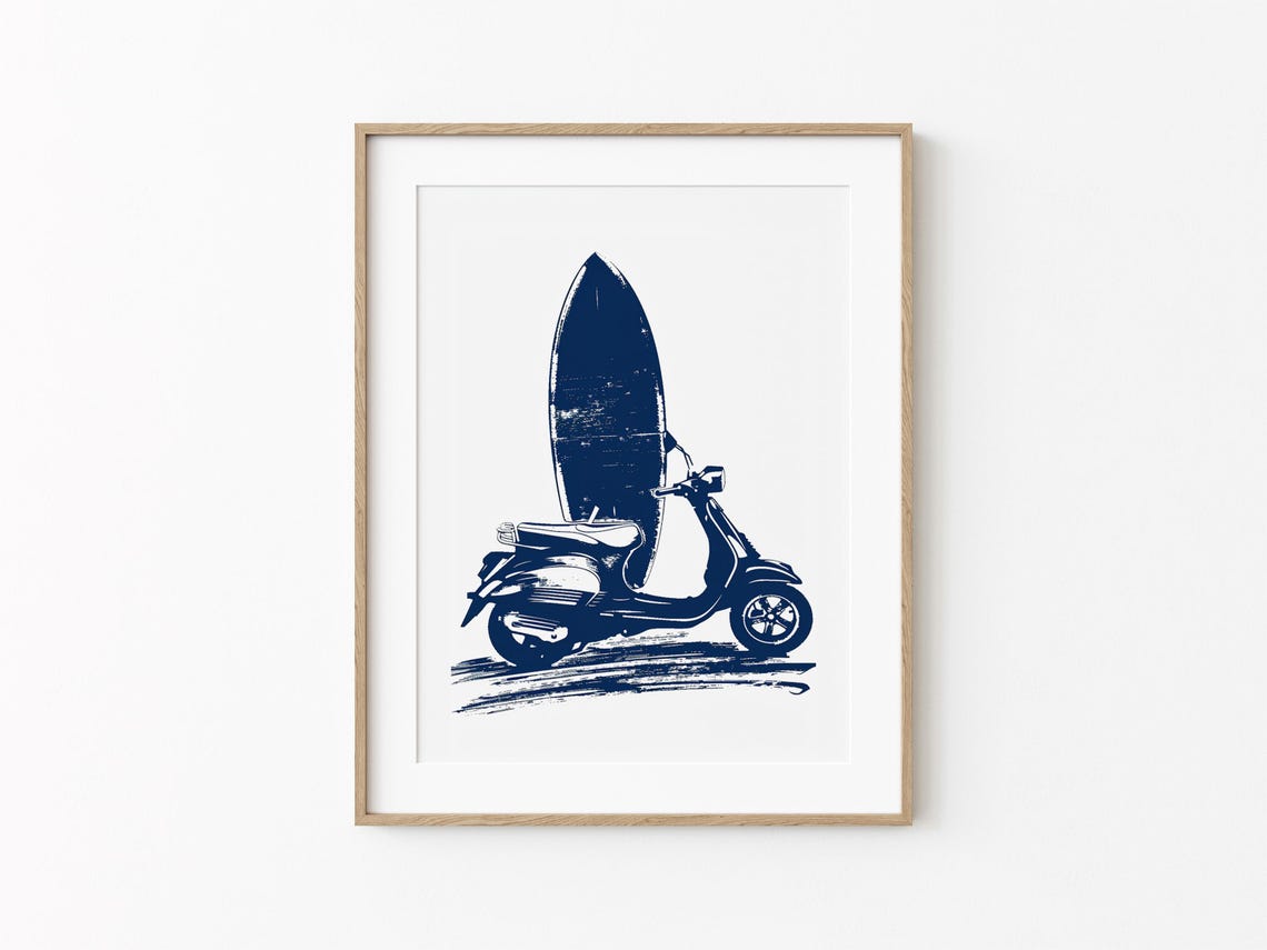 Navy Scooter With Surfboard Vintage Coastal Sketch Beach Poster