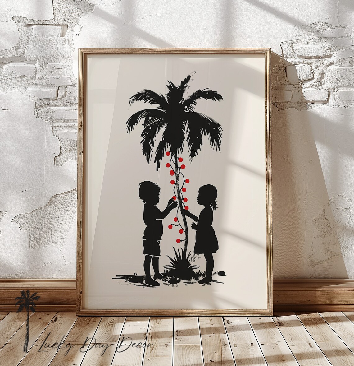Kids Decorate Palm Tree, Childrens Christmas Sketch Art Print