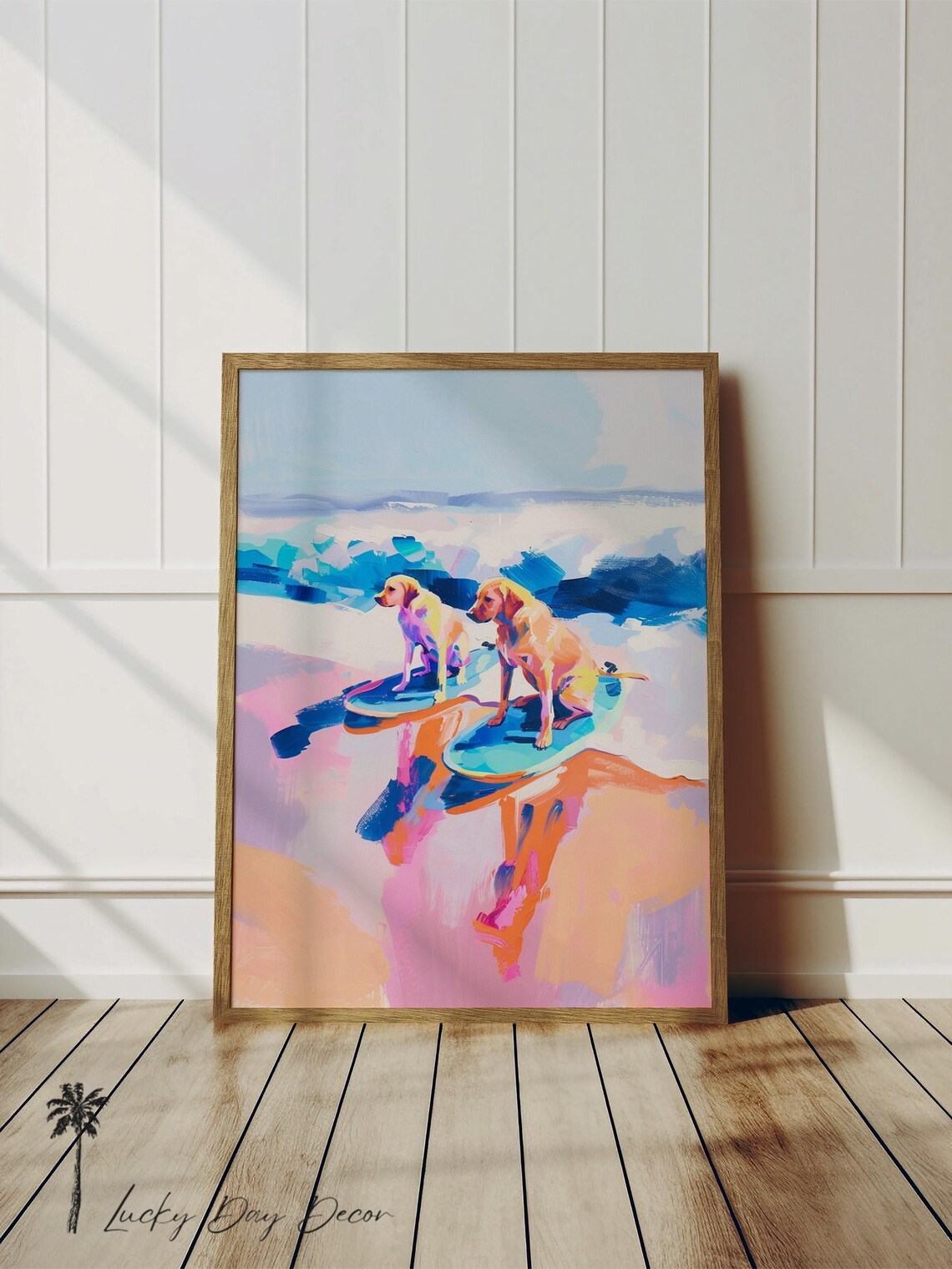 Surfing Labrador Dogs Colorful Coastal Beach Painting Waves Poster