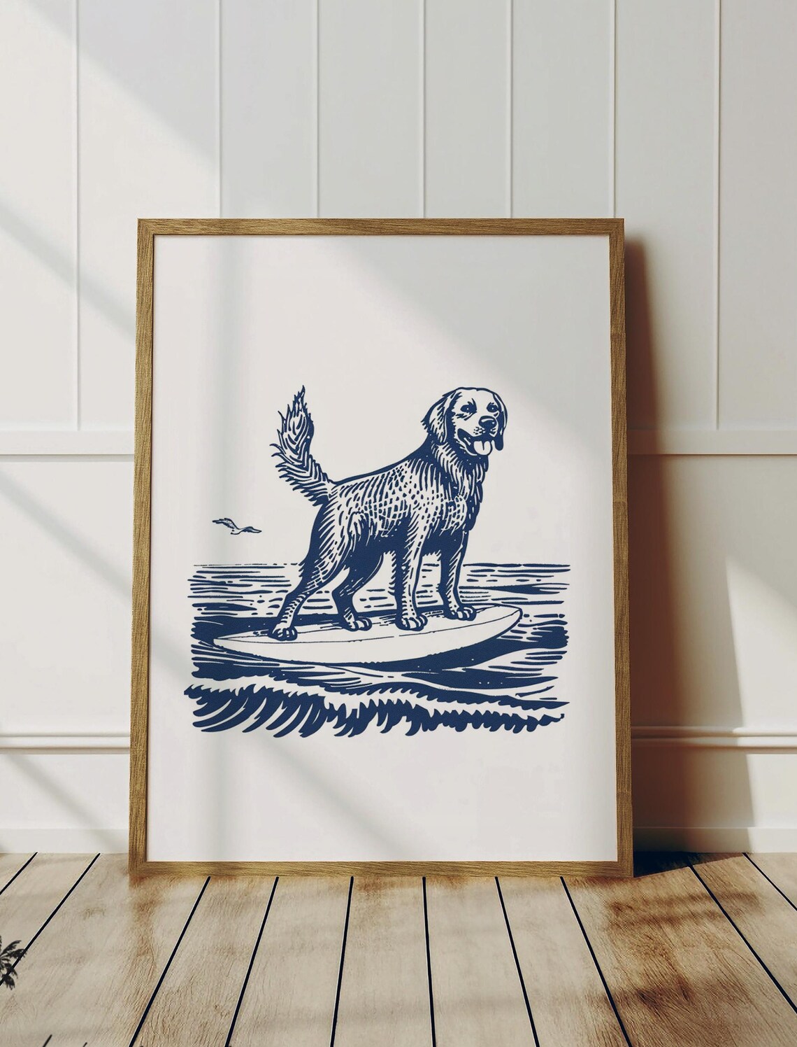 Golden Retriever Surfing Vintage Navy Woodcut Style Art Poster