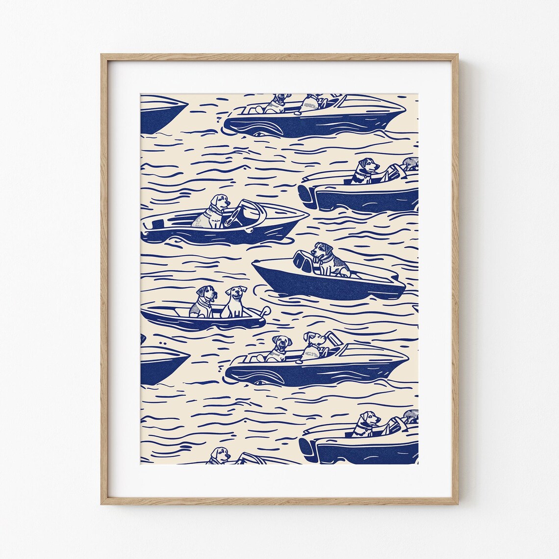 Dogs In Motorboats Nautical Blue Coastal Line Art Pattern Poster