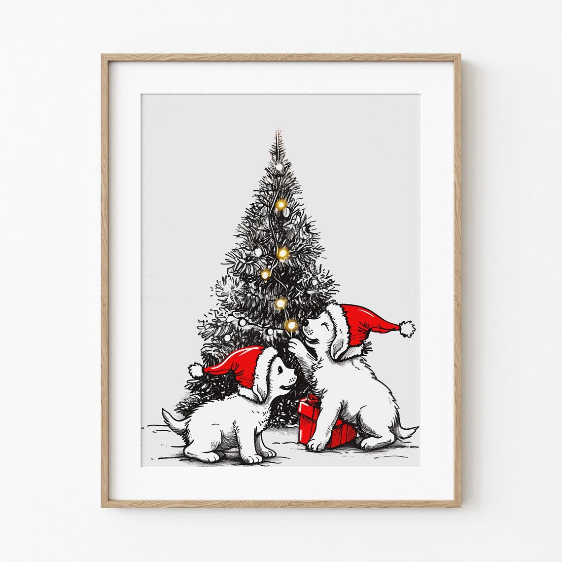 Christmas Golden Retriever Puppies Santa Hats Tree Holiday Poster