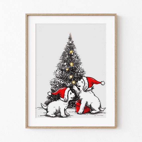 Christmas Golden Retriever Puppies Santa Hats Tree Holiday Poster