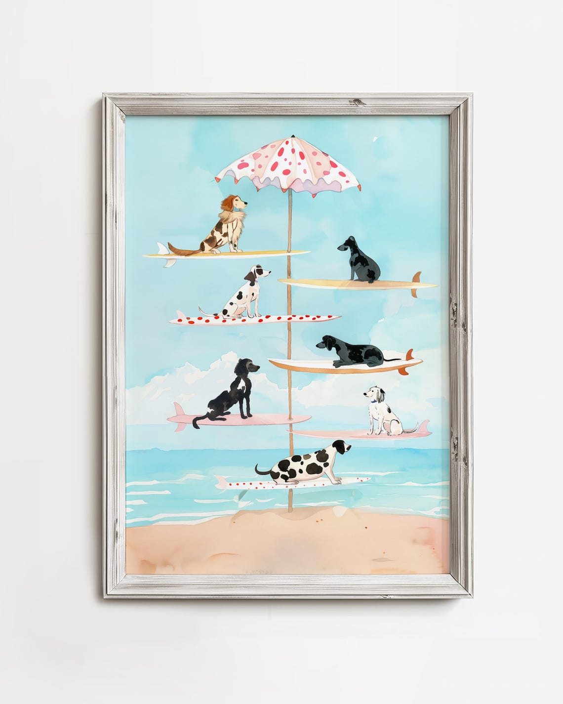 Whimsical Dogs Surfing Carousel Pastel Beach Watercolor Poster