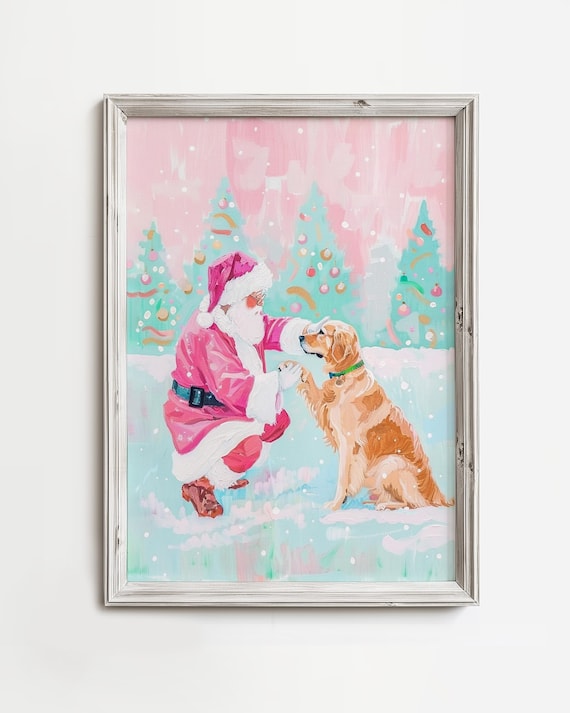 Pink Santa and Golden Retriever Pastel Christmas Dog Art Poster