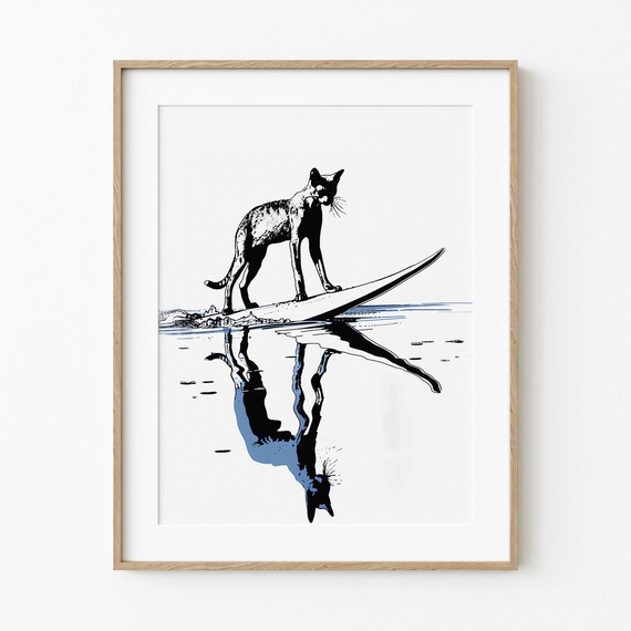 Oriental Cat Surfing Waves Black Ink Minimalist Coastal Art Poster