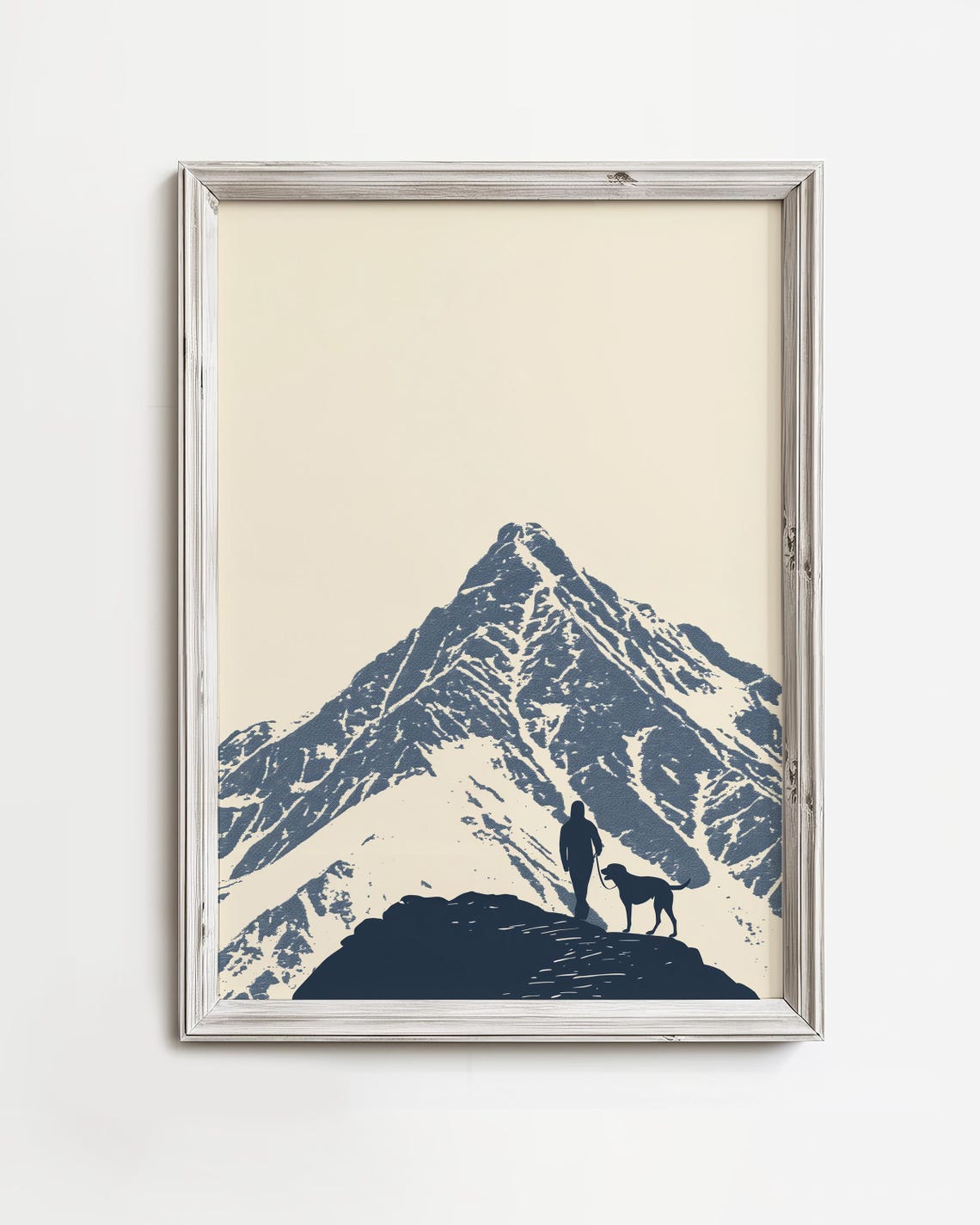 Hiker and Dog on Snowy Mountain Peak Minimalist Silhouette Poster