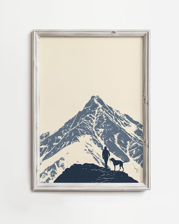 Hiker and Dog on Snowy Mountain Peak Minimalist Silhouette Poster