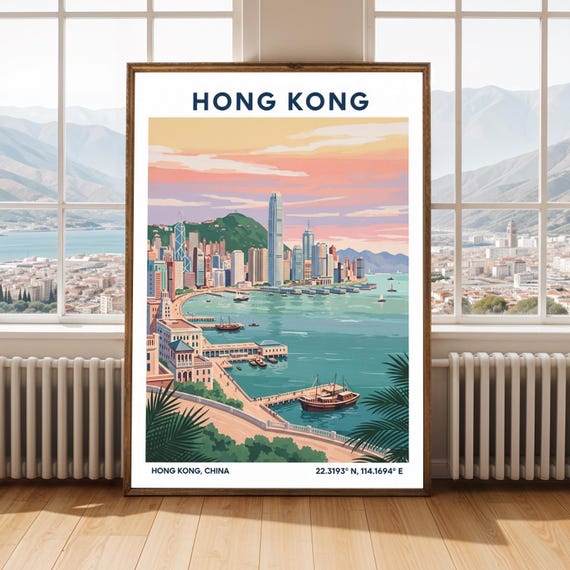 Hong Kong Skyline Travel Poster Art Print Wall For Living Room