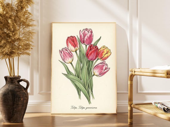 Vintage Tulip Bouquet Poster Botanical Watercolor Print