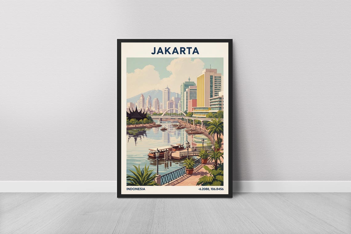 Jakarta Indonesia Travel Poster With Skyline River And Bridge Scene