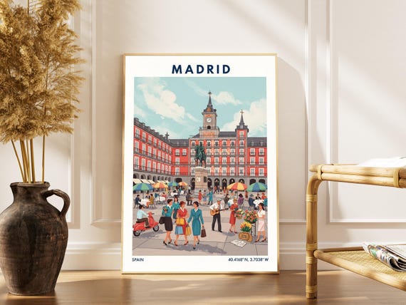 Madrid Cityscape Print Vintage Spanish Travel Poster
