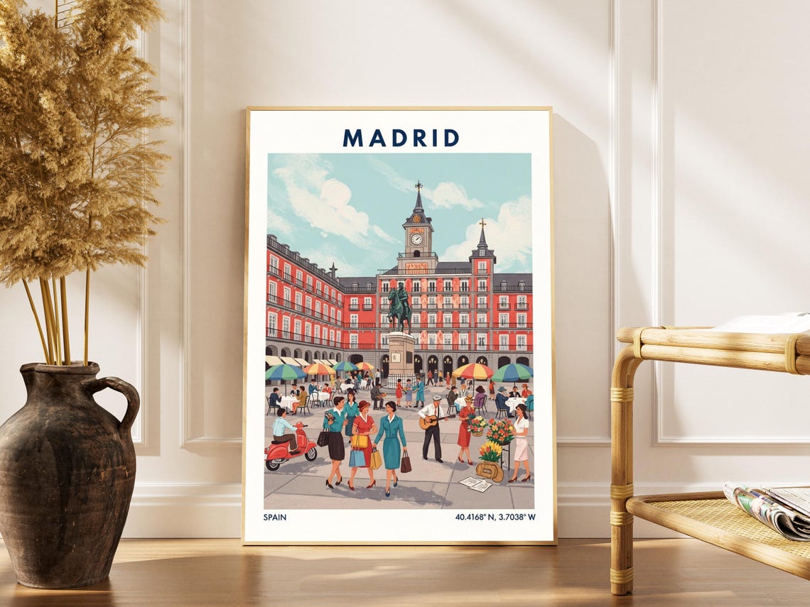 Madrid Cityscape Print Vintage Spanish Travel Poster