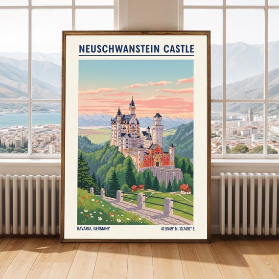 Neuschwanstein Castle Print Vintage European Travel Poster Art