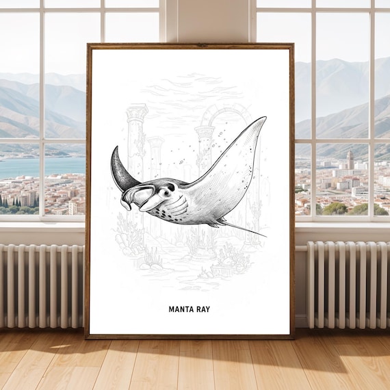 Manta Ray Print Underwater Ruins Black And White Ink Drawing