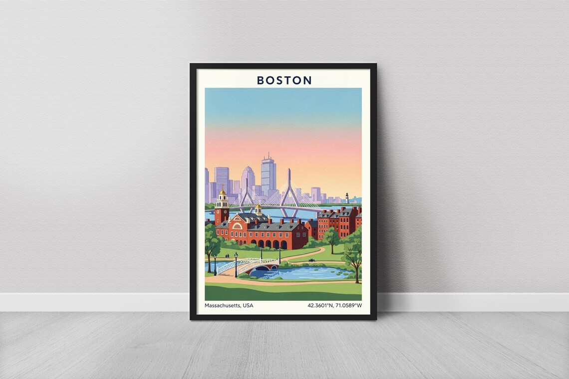 Boston Massachusetts Brick Buildings Bridge Skyline Travel Art Poster