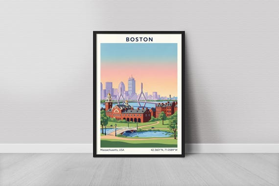 Boston Art Print Vintage Travel Red Brick Buildings And Bridge Blue Sky Cream Tones