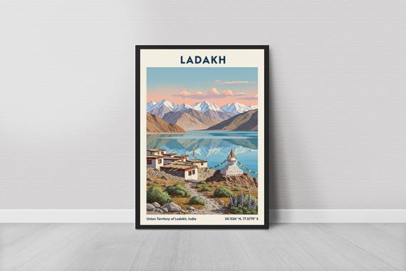 Ladakh Art Print Vintage Travel Style Blue Water And Cream Hills