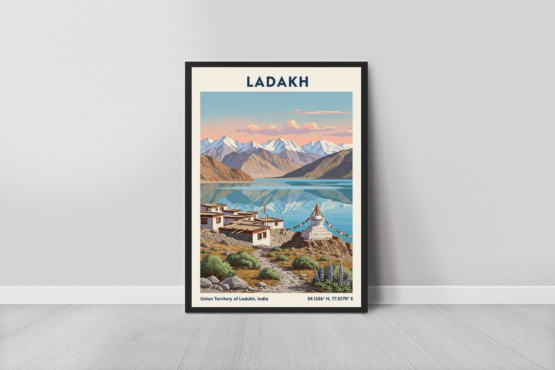 Ladakh India Vintage Travel Poster Himalayan Lake Stupa Mountain