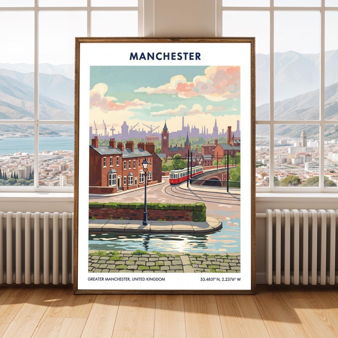 Manchester Tram Red Brick Terraces Canal Vintage City Travel Poster
