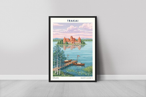 Trakai Vintage Travel Castle, Lake Landscape Art Print