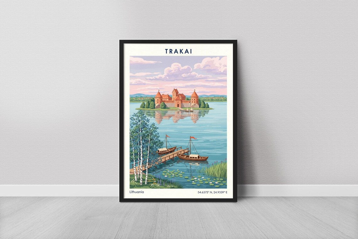 Trakai Vintage Travel Castle, Lake Landscape Art Print