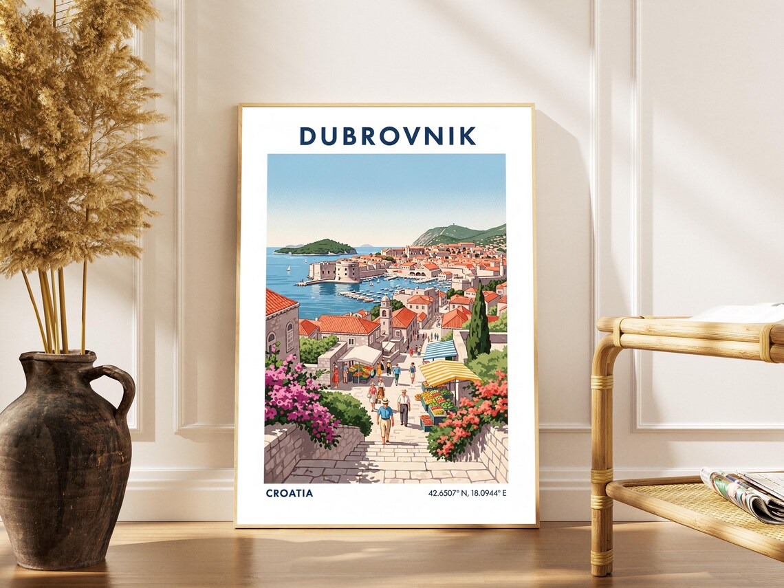 Dubrovnik Croatia Old Town Harbor Blue Sea Vintage Travel Poster