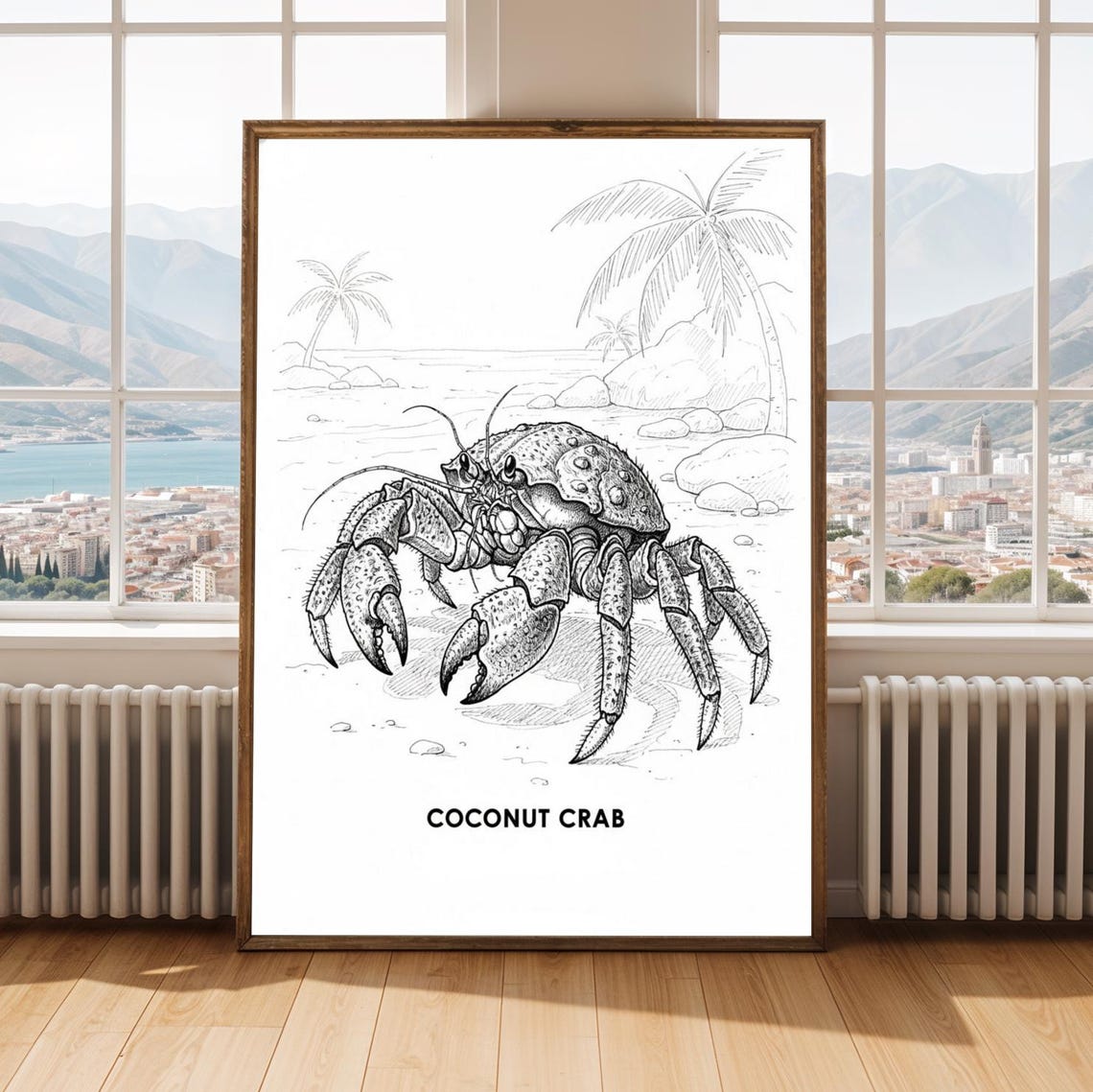 Coconut Crab Beach Print Black And White Ink Illustration